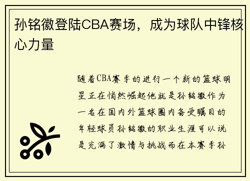 孙铭徽登陆CBA赛场，成为球队中锋核心力量