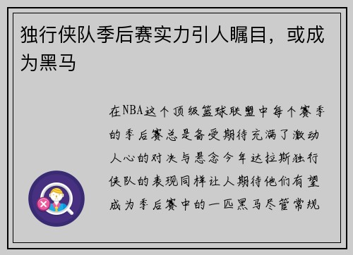 独行侠队季后赛实力引人瞩目，或成为黑马