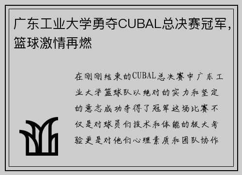 广东工业大学勇夺CUBAL总决赛冠军，篮球激情再燃