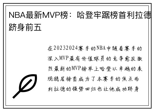 NBA最新MVP榜：哈登牢踞榜首利拉德跻身前五