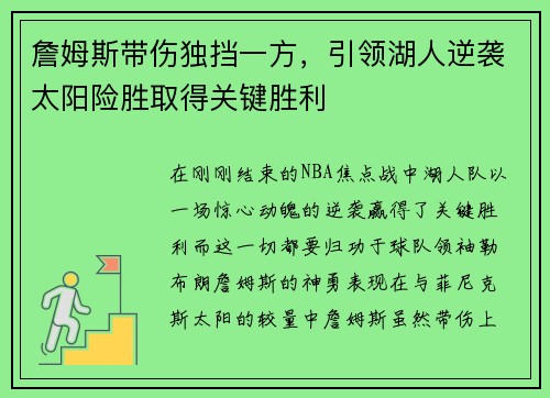 詹姆斯带伤独挡一方，引领湖人逆袭太阳险胜取得关键胜利